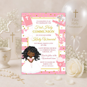 Pink African American Girl First Holy Communion Invitation