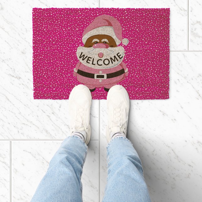 Pink African American Santa Claus, Christmas Fiber Doormat (Insitu)