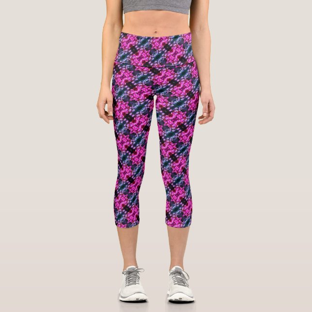 Pink African Daisy Flowers Abstract Art Pattern  Capri Leggings (Front)