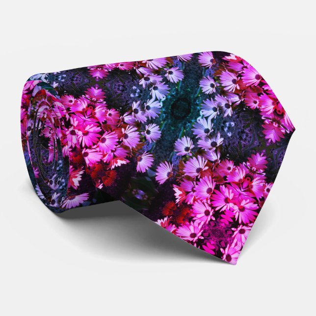 Pink African Daisy Flowers Abstract Art Pattern Neck Tie (Rolled)