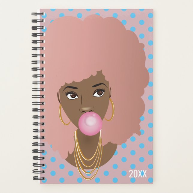 Pink Afro, Blue Polka Dots, Bubble Gum Popping Planner (Front)