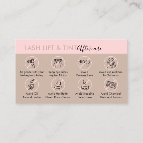 Pink Aftercare Instruction for Lash Lift and Tint Business Card