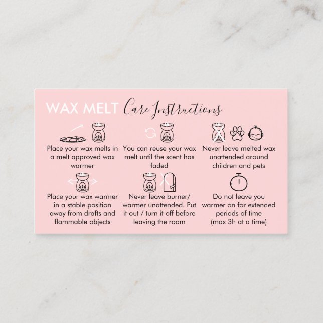 Pink Aftercare Instructions for Wax Melt Business Card (Back)