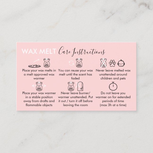 Pink Aftercare Instructions for Wax Melt Business Card