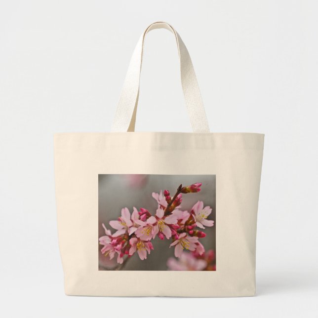Pink Against A Gray Sky Japanese Cherry Blossoms Large Tote Bag (Front)