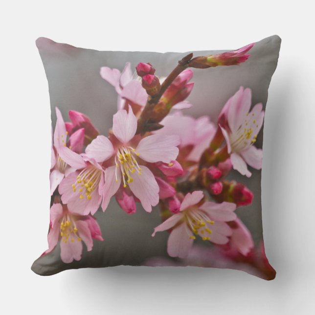 Pink Against A Gray Sky Japanese Cherry Blossoms Throw Pillow (Front)