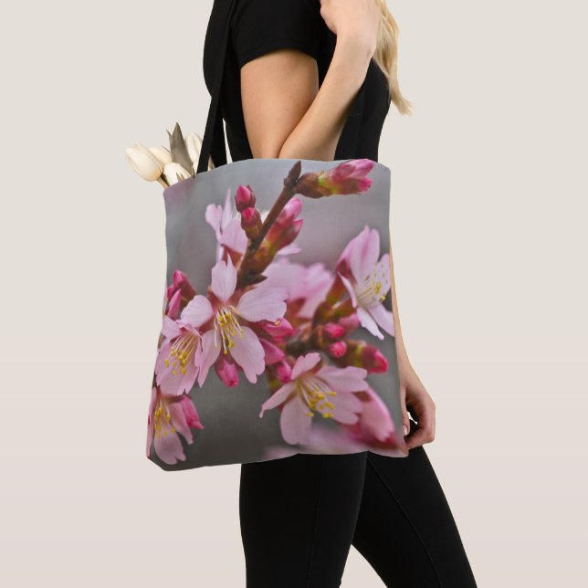Pink Against A Gray Sky Japanese Cherry Blossoms Tote Bag (Close Up)