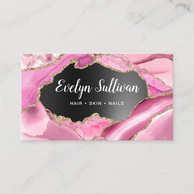 Pink Agate Black Foil business card (Front)