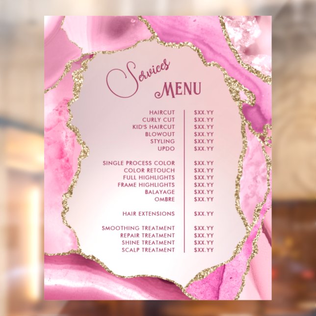 Pink Agate Faux Foil Services Menu Window Cling (Sheet 2)