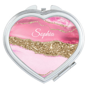 Pink Agate Faux Gold Glitter Personalized Compact Mirror