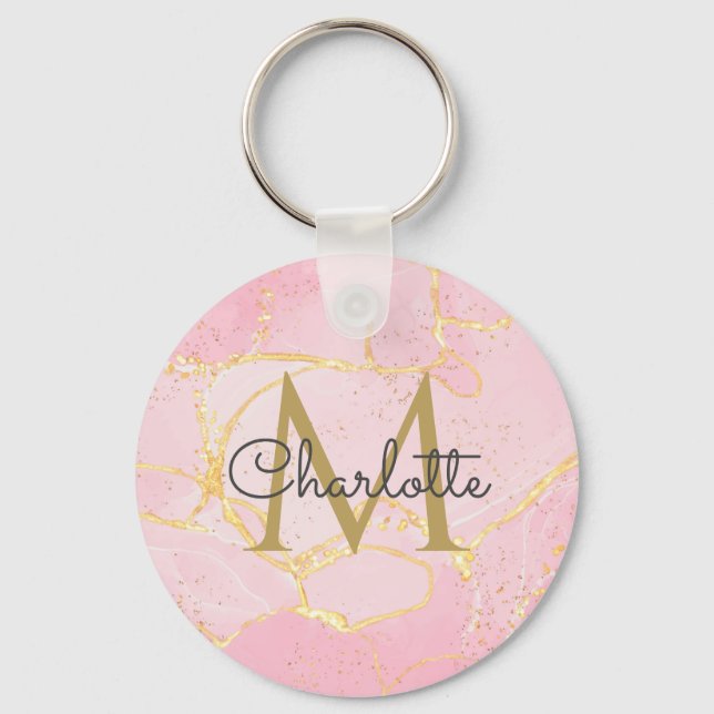 Pink Agate Geode Gold Monogram Elegant Script  Keychain (Front)