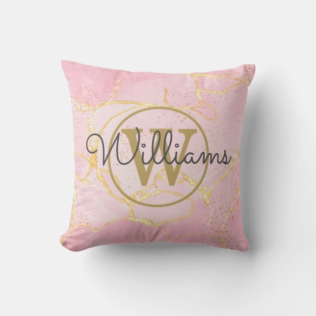 Pink Agate Geode Gold Monogram Name Throw Pillow (Front)