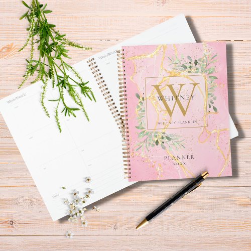 Pink Agate Geode Greenery Monogram Name 2023 Planner