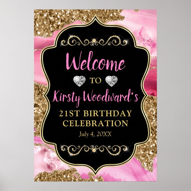 Pink Agate Geode Slices and Gold Glitter Birthday Poster (Front)