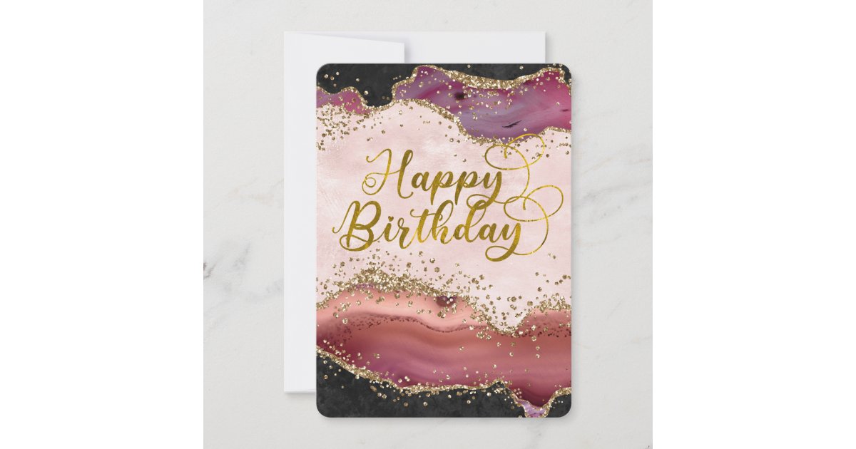Pink Agate & Gold Glitter Happy Birthday Flat Card | Zazzle