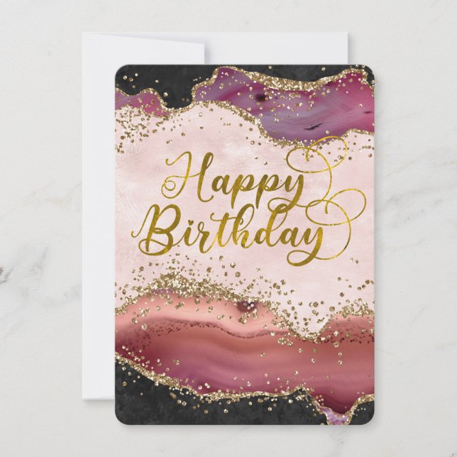 Pink Agate & Gold Glitter Happy Birthday Flat Card (Front)