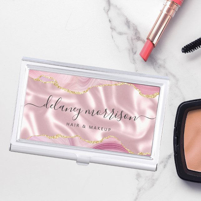 Pink Agate Gold Glitter Luxury Business Card Case (Creator Uploaded)