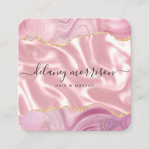 Pink Agate Gold Glitter Luxury Rounded Corners Square Business Card
