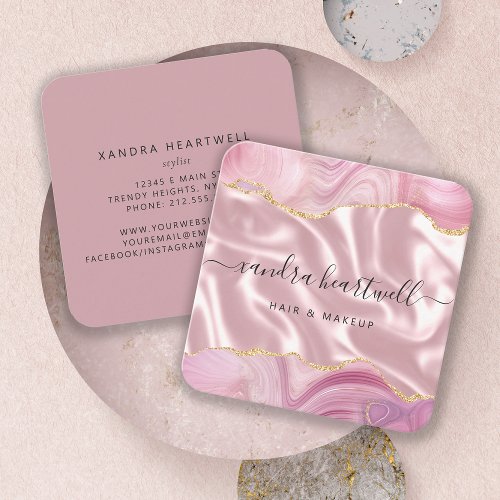 Pink Agate Gold Glitter Luxury Rounded Corners Square Business Card