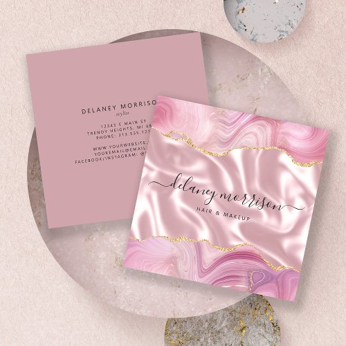 Pink Agate Gold Glitter Luxury Square Business Card