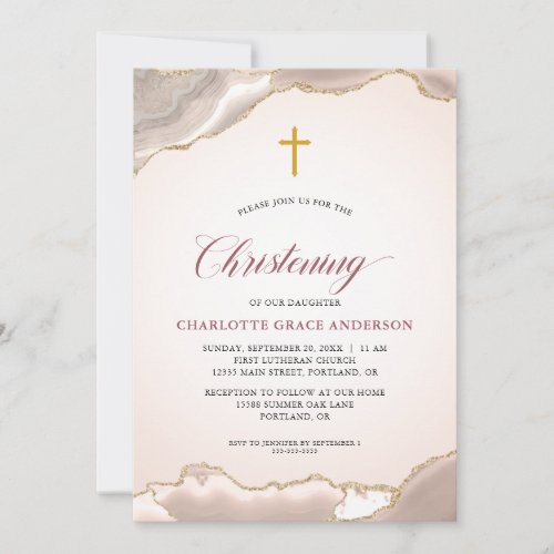 Pink Agate Gold Glitter Script Baby Girl Baptism Invitation