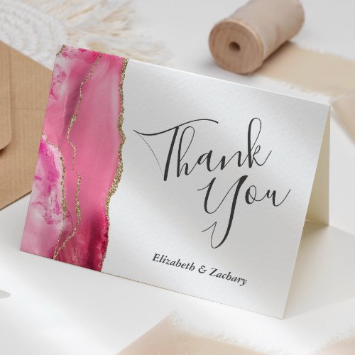 Pink Agate Gold Wedding Thank You Card