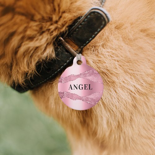 Pink agate marble name dog pet ID tag