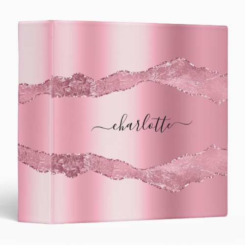 Pink agate marble name script 3 ring binder