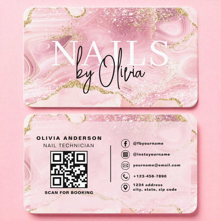 Pink Agate Marble QR Code Nail Specialist Artist Business Card
