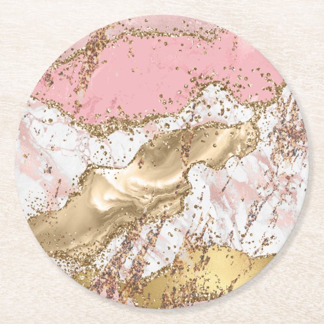Pink agate marble rose gold glitter round paper coaster (Front)