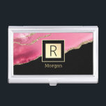 Pink Agate, Name & Monogram, Black & Gold Box Business Card Case<br><div class="desc">Personalize your name in gold and monogram in black on trendy black and gold box with pink agate.</div>