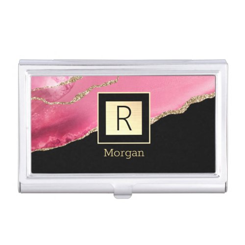 Pink Agate Name  Monogram Black  Gold Box Business Card Case