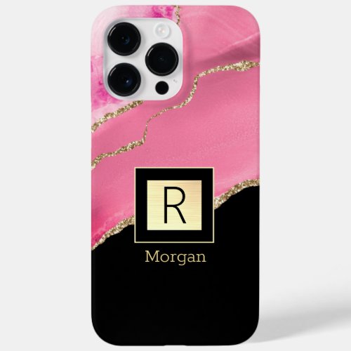 Pink Agate Name  Monogram Black  Gold Box Case_Mate iPhone 14 Pro Max Case
