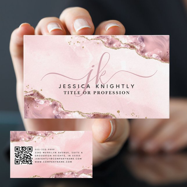 Pink Agate Script Monogram Gold Glitter QR Business Card (Creator Uploaded)
