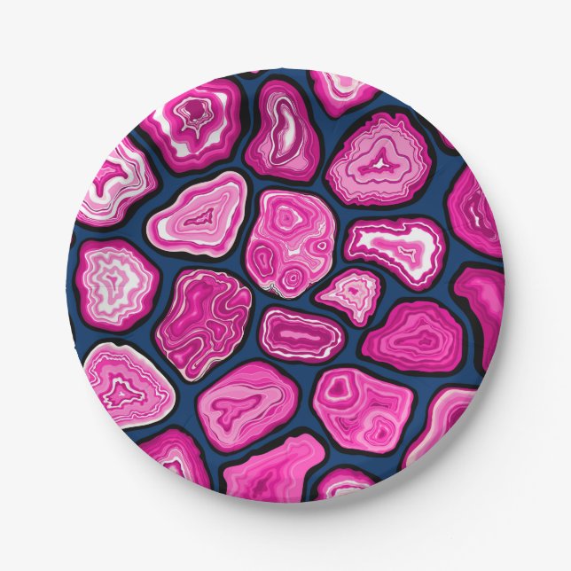 Pink agate slices paper plates (Front)