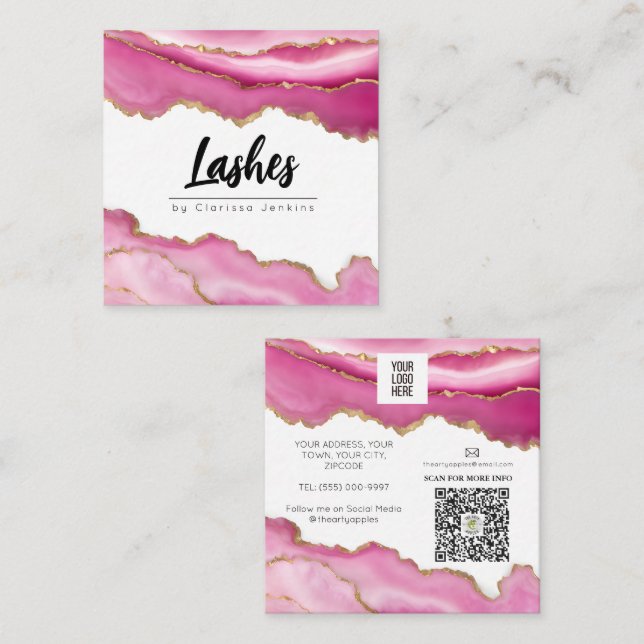 pink agate Trendy Modern Lash Extensions Beauty Square Business Card (Front/Back)
