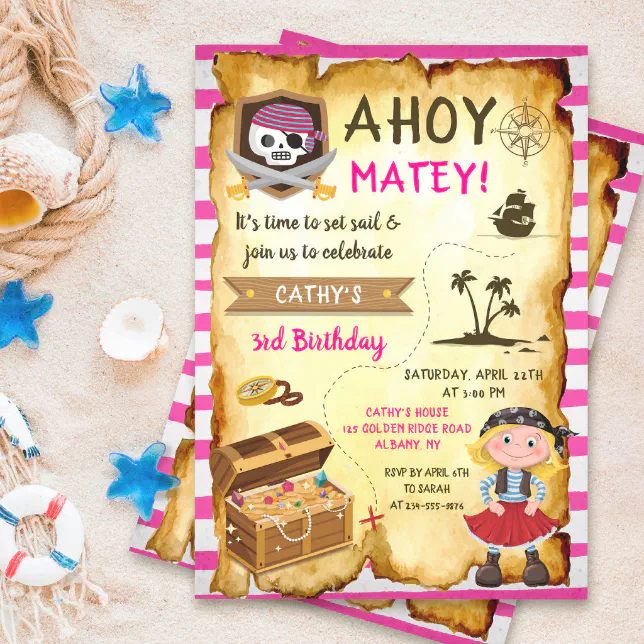 Pink Ahoy Treasure Map Girls Pirate Birthday Invitation 