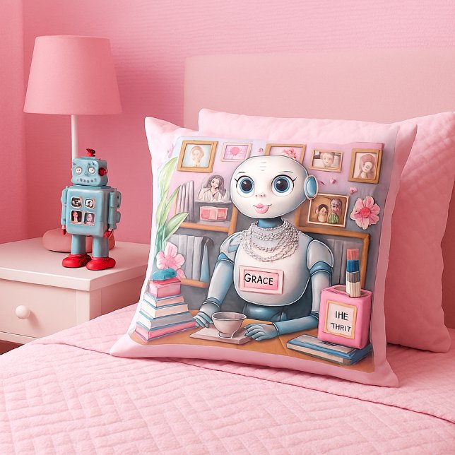 Pink AI Robot Sparkle Girly  Throw Pillow (Creator Uploaded)