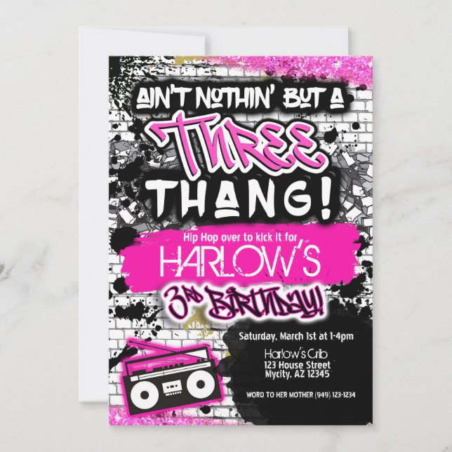 Pink Ain't Nothin' but a Three Thang Hip Hop  Invitation (Front)