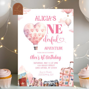 Pink Air Balloon Girl Oneferdul World 1st Birthday Invitation