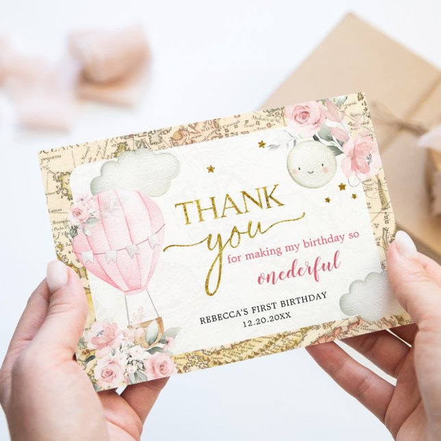 Pink Air Balloon Isn't she Onerderful Birthday Thank You Card (Creator Uploaded)