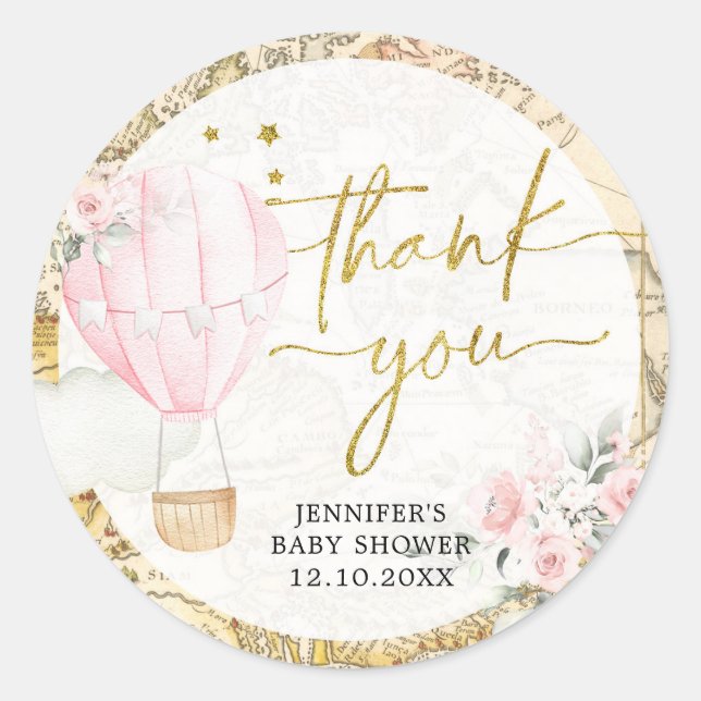 Pink Air Balloon Isn't she Onerderful Thank You Classic Round Sticker (Front)