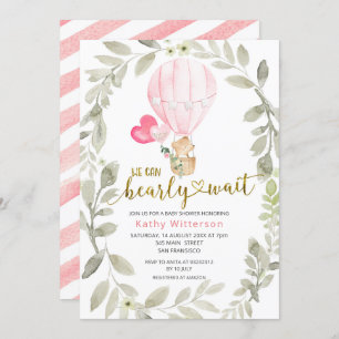Pink Air Balloon We Can Bearly Wait Baby Shower Invitation