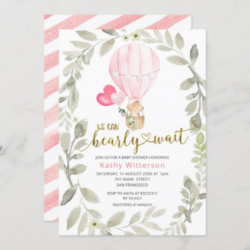 Pink Air Balloon We Can Bearly Wait Baby Shower   Invitation