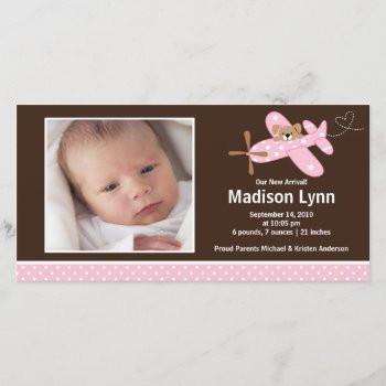 Pink Airplane Baby Girl Birth Annoucement Announcement by celebrateitinvites at Zazzle