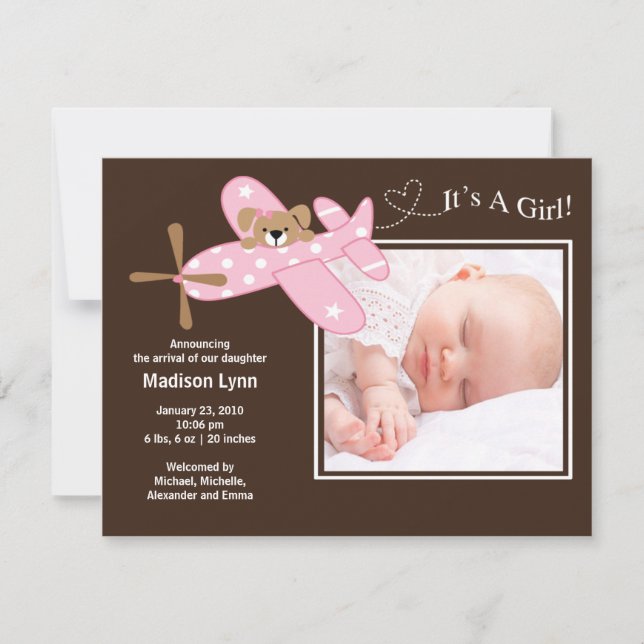 Pink Airplane Baby Girl Birth Annoucement Invitation (Front)