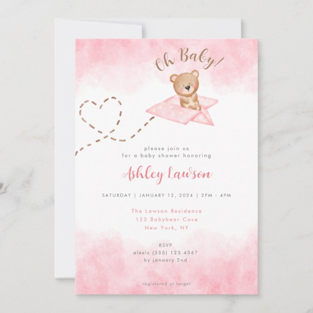 Pink Airplane Bear Baby Shower Invitation (Front)