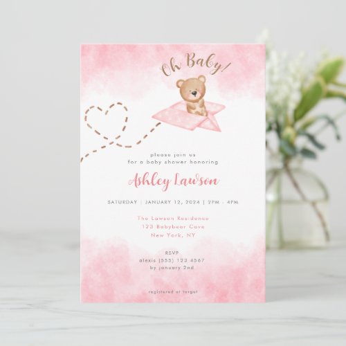 Pink Airplane Bear Baby Shower Invitation