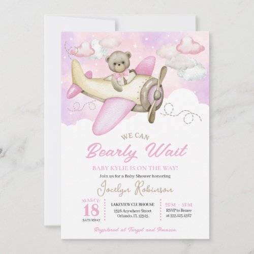 Pink Airplane Flying Teddy Bear Clouds Baby Shower Invitation