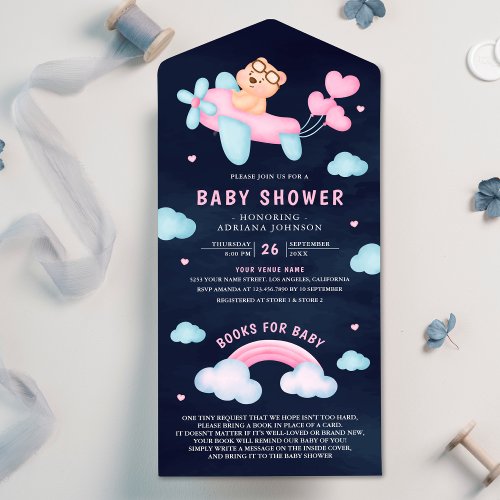 Pink Airplane Girl Teddy Bear Navy Baby Shower All In One Invitation